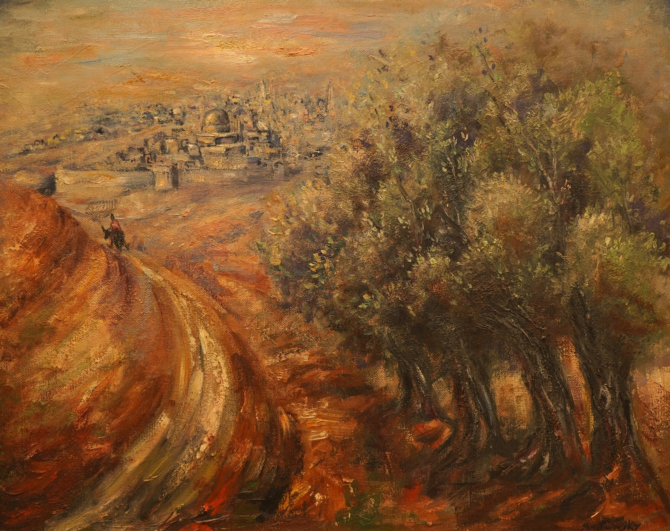 Manner of Marie-Louise von Motesiczky (1906-1996), figure entering a city, bears signature, oil on canvas, ornate framed, 39 x 49cm